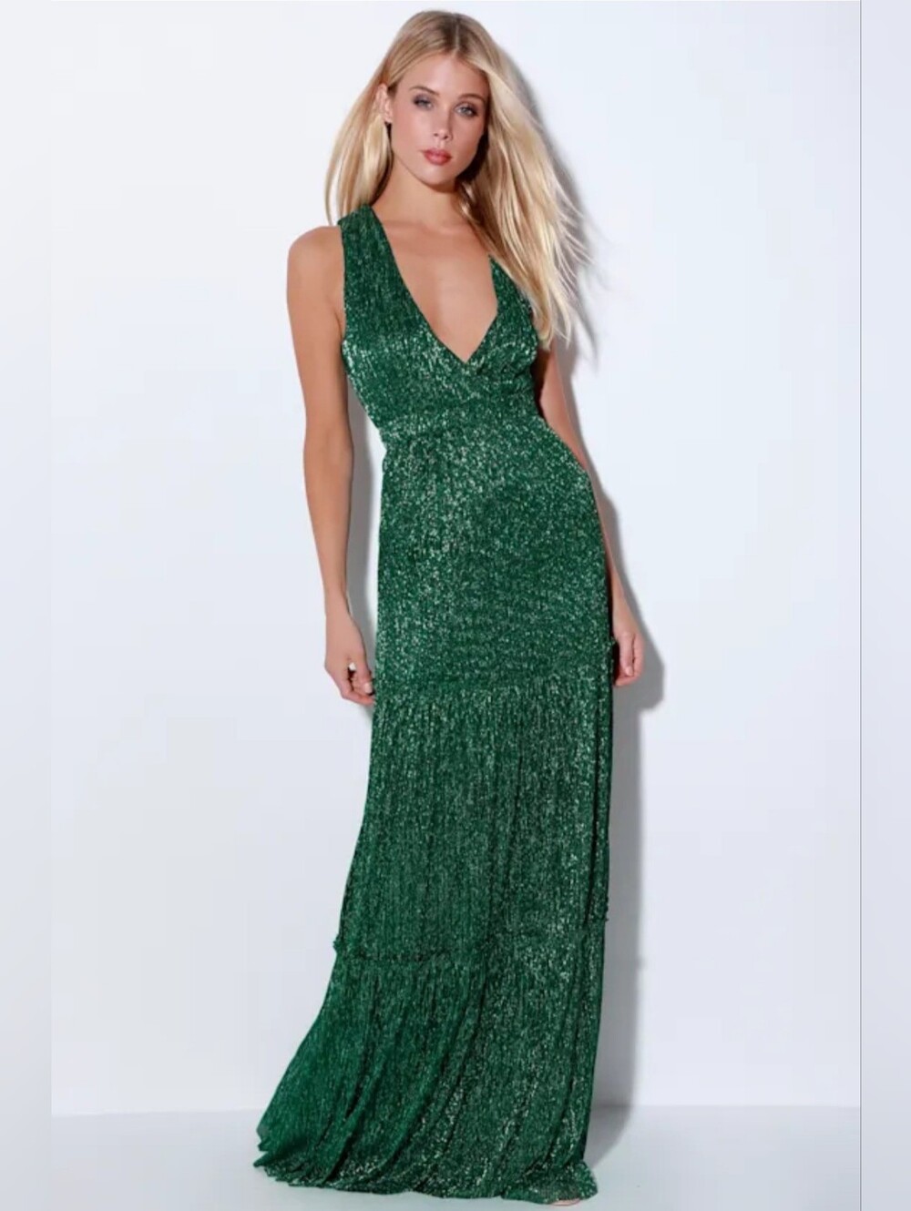 Lulu's Falling Star Teal Metallic Maxi Dress large